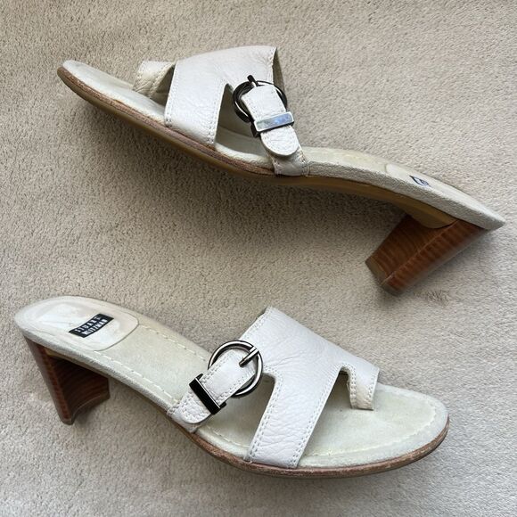 Stuart Weitzman Neutral Bone Leather Mule Heeled Sandals Women 6.5 AA Toe Ring - Picture 1 of 16